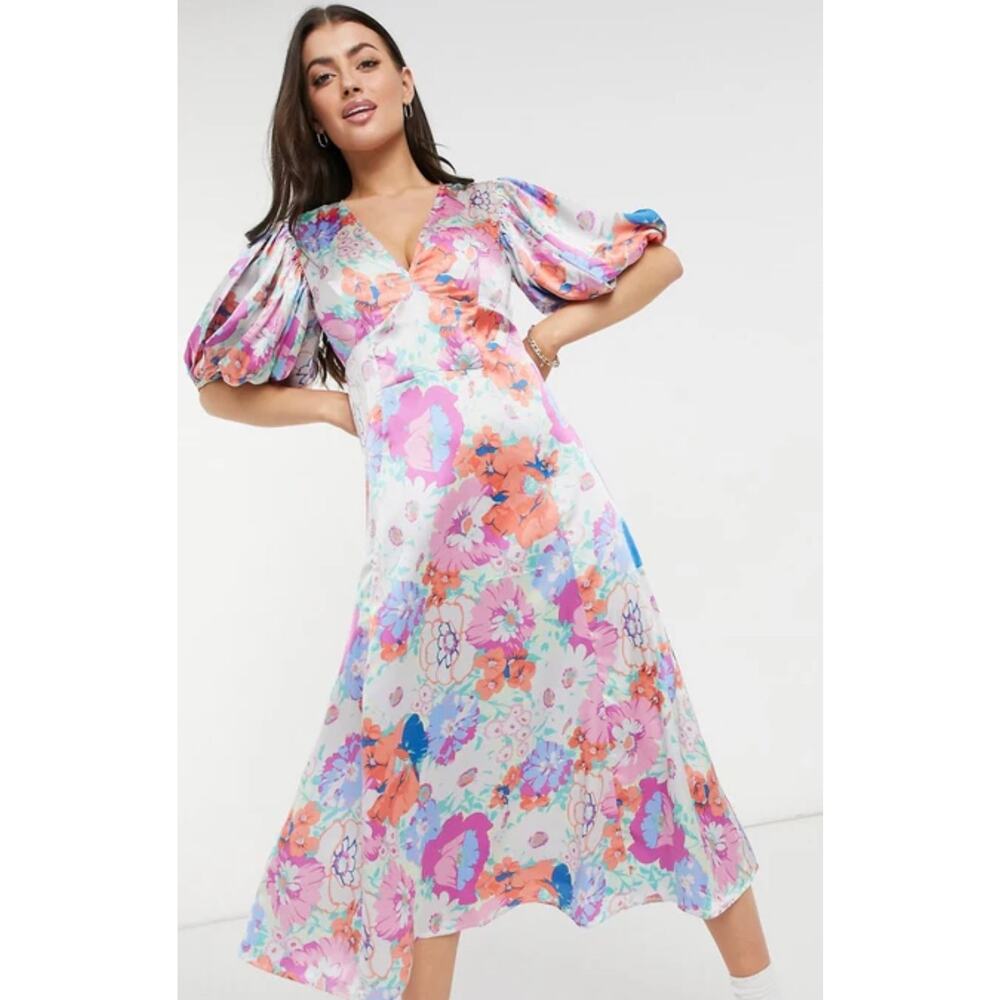 ASOS Satin Floral Midi Dress Cottagecore Princesscore Puff Sleeve Pastel 4